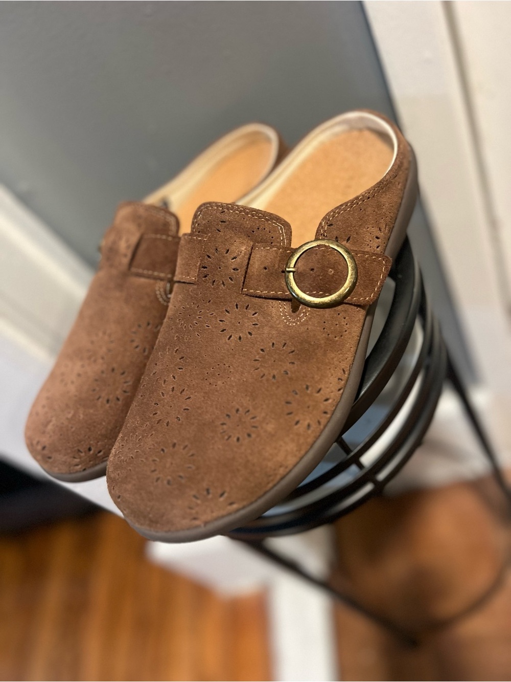 REVITALIGN Brown Suede Slip-On Mules with Decorative Buckle size 8B new